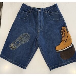 Vintage Raw Blue Jean Shorts Y2K Timberland-style Embroidered Baggy Mens 32 EUC